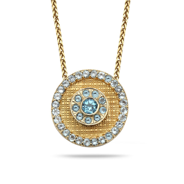 14K Gold pendant with Blue Topaz 14K gold chain Spiga 23 inch