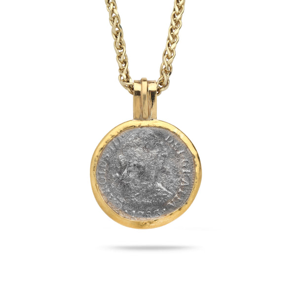 Spanish Silver Coin with 18K Gold Bezel Pendant with Diamonds 20 inch gold chain