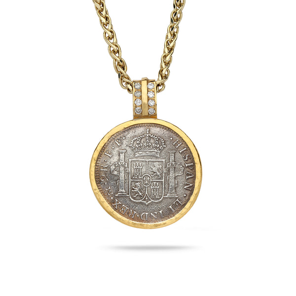 Spanish Silver Coin with 18K Gold Bezel Pendant with Diamonds 20 inch gold chain