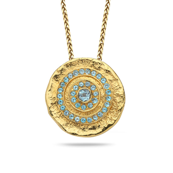 14K Gold pendant with Blue Topaz Gem stone and 14K gold chain Spiga 23 inch