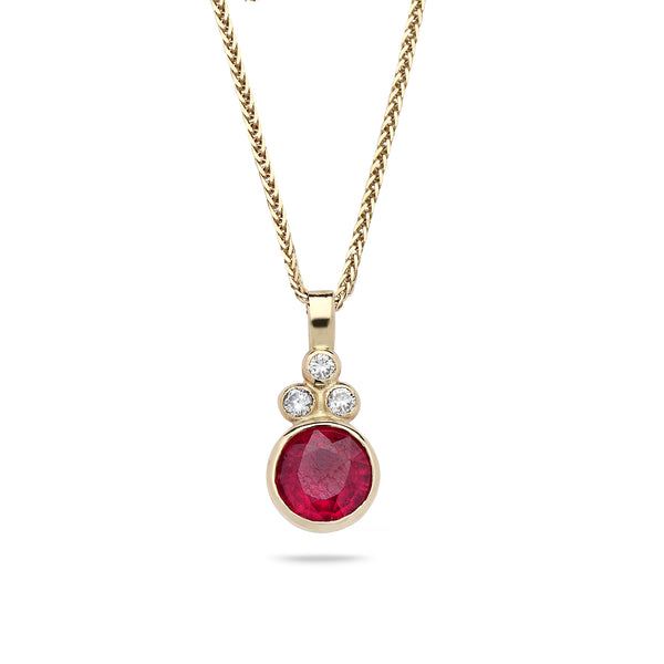 14K Gold pendant with Ruby, diamonds 0.10 carat and14K gold chain 19 inch