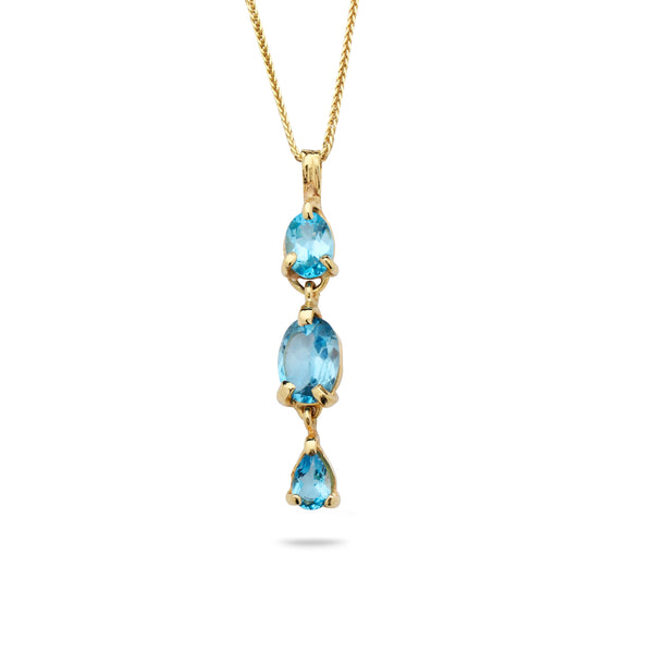 14K Gold pendant with Blue Topaz Gem Stone and 14K gold chain 19 inch