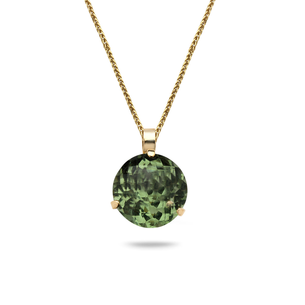 14K Gold pendant with Green Amethyst gem stone and 21 inch gold chain