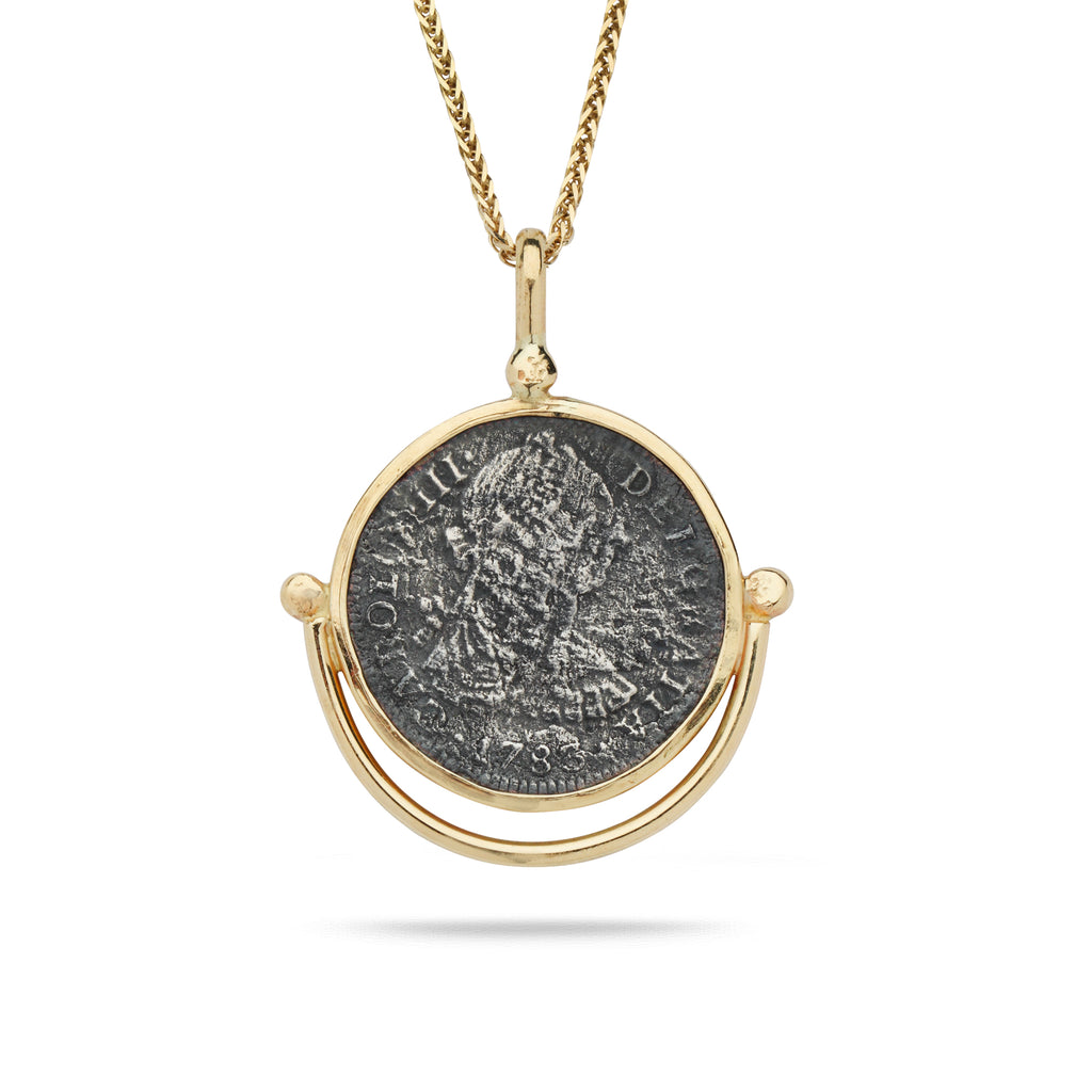 Spanish Silver Coin with 14K Gold Bezel Pendant and 24" Chain