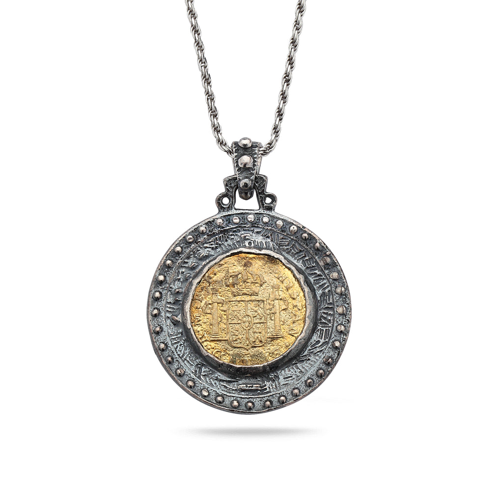 925 Oxidized Silver Coin Pendant with Brass and Chain 20"