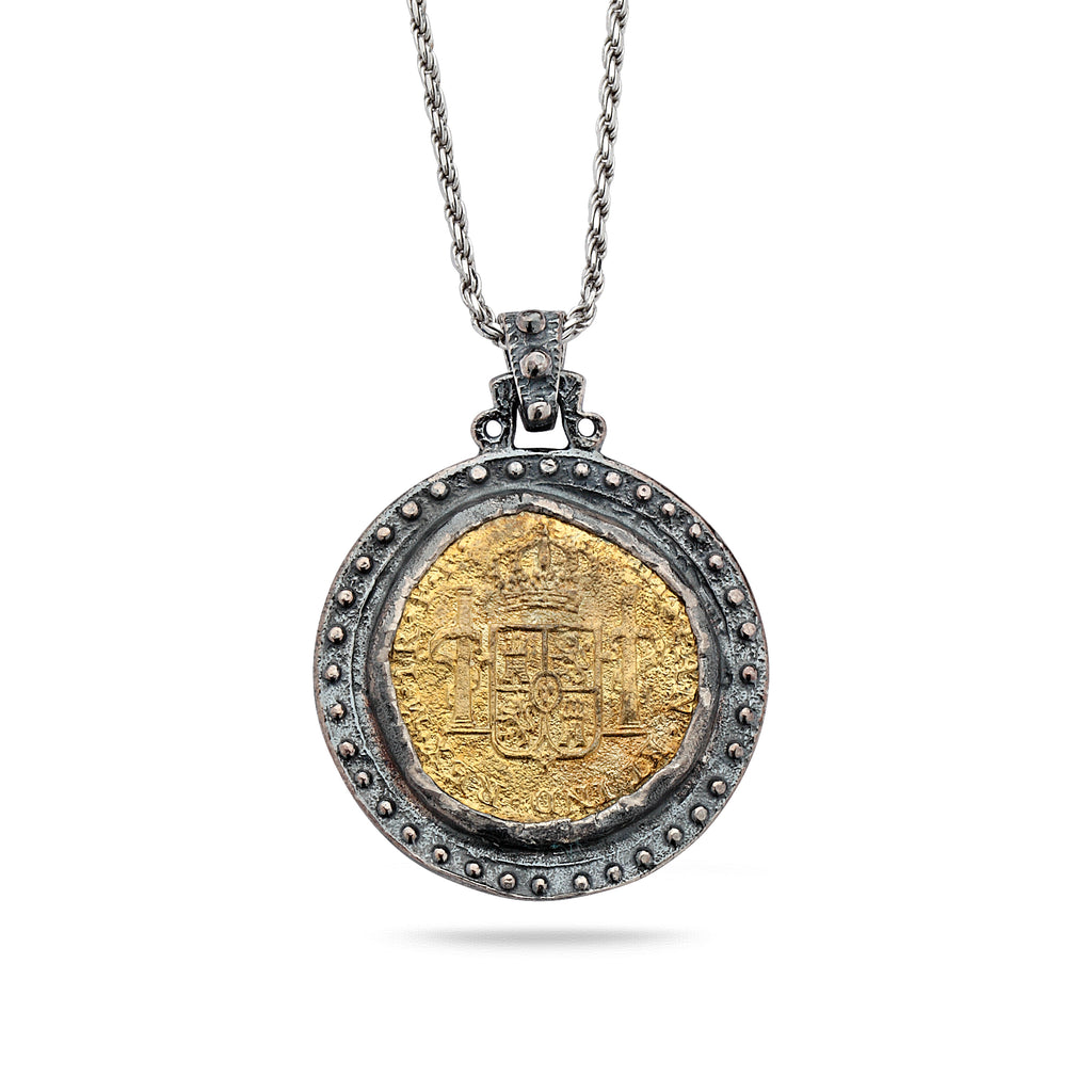 925 Oxidized Silver Coin Pendant with Brass and Chain 18"