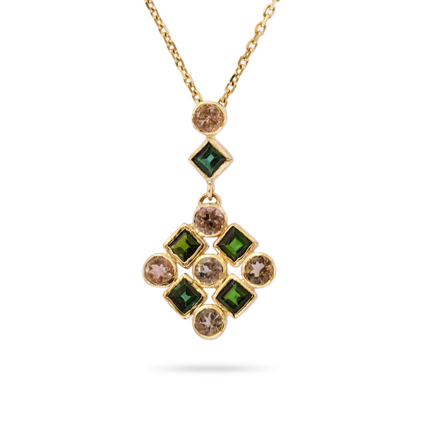 14K Gold pendant with Tourmaline stones. 14K Gold Rolo chain 20 inch